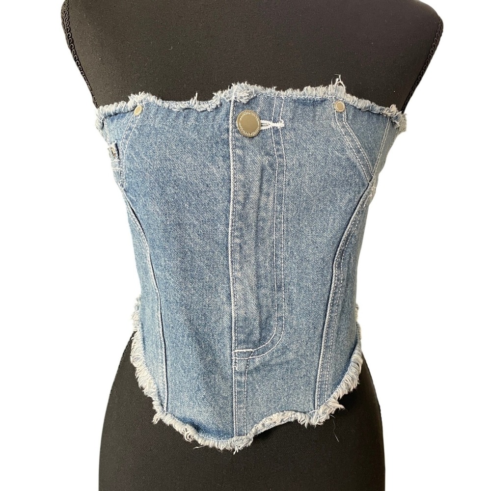 Maniere De Voir Strapless Denim Corset Top Size 8 Blue Frayed Hem Bustier